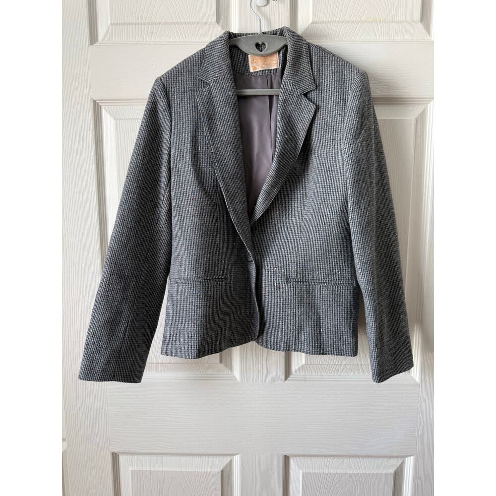 Pendleton‎ Vintage 80s Wool Tweed Blazer Gray Black Speckled Houndstooth S/M